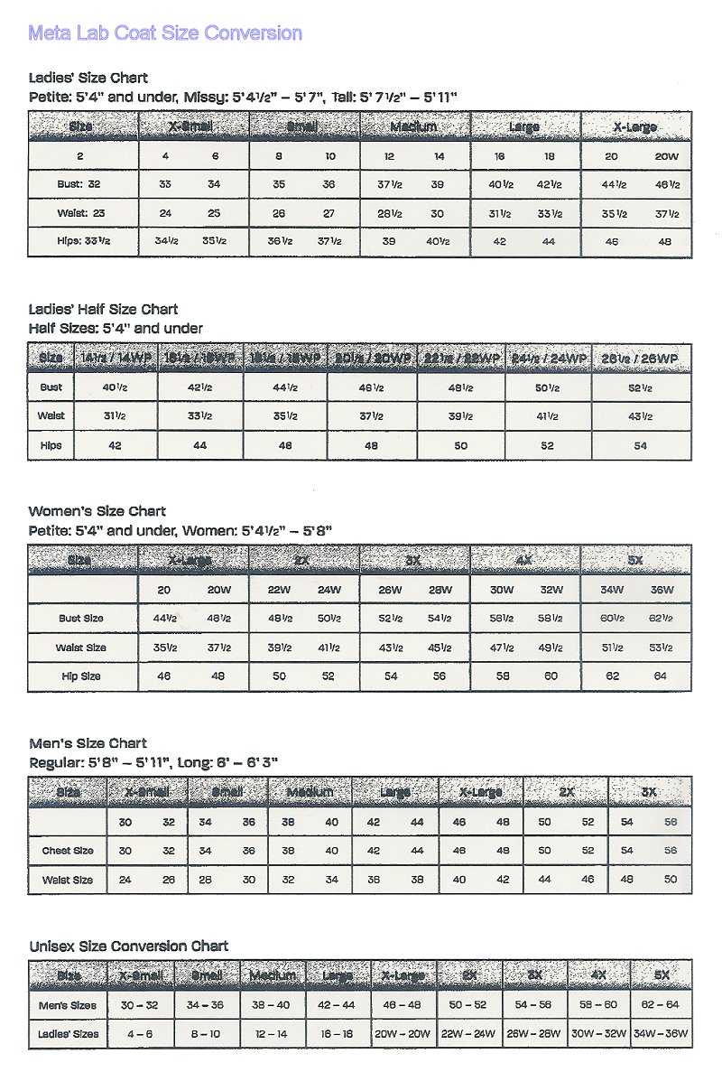 Lab Coat Size Conversion Chart